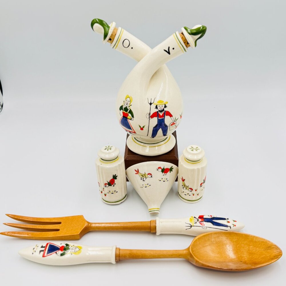 VTG FRED ROBERTS SET OIL VINEGAR FUNNEL SALT PEPPER SALAD TONGS made Japan Farm